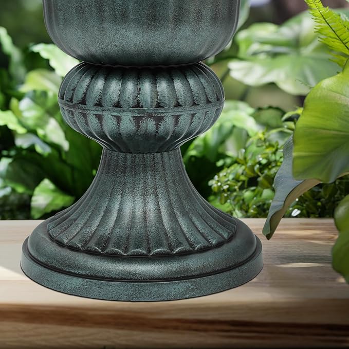 Magshion 20" Urn Planters for Outdoor Plants, Large Decorative Front Porch Planters Set of 2, Weatherproof Tall Plastic Flower Pots for Garden, Patio & Entryway Décor, Antique Green