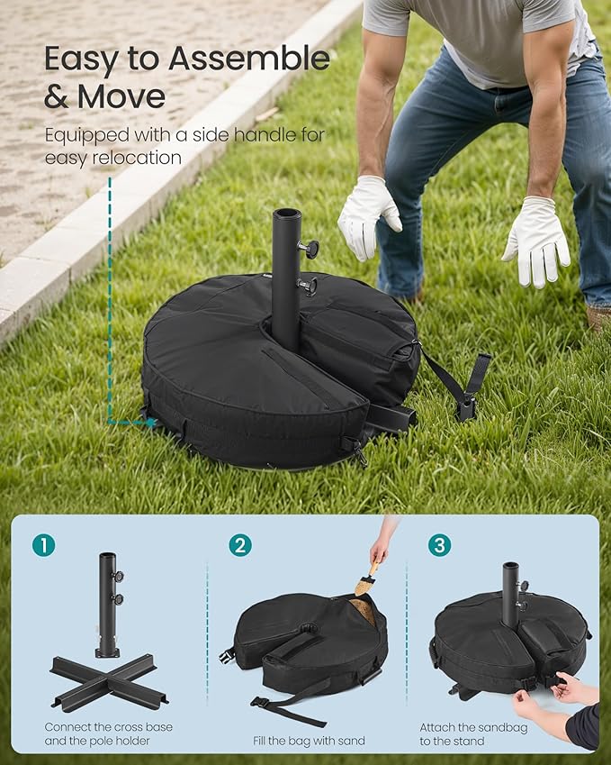 SONGMICS Umbrella Base, Round Patio Umbrella Stand, Sand Fillable Bag 66 lb, for 5-10 ft Umbrellas, Heavy-Duty, for Poles of Different Diameters, Oudoor Beach Lawn, Black UGUB0041B01