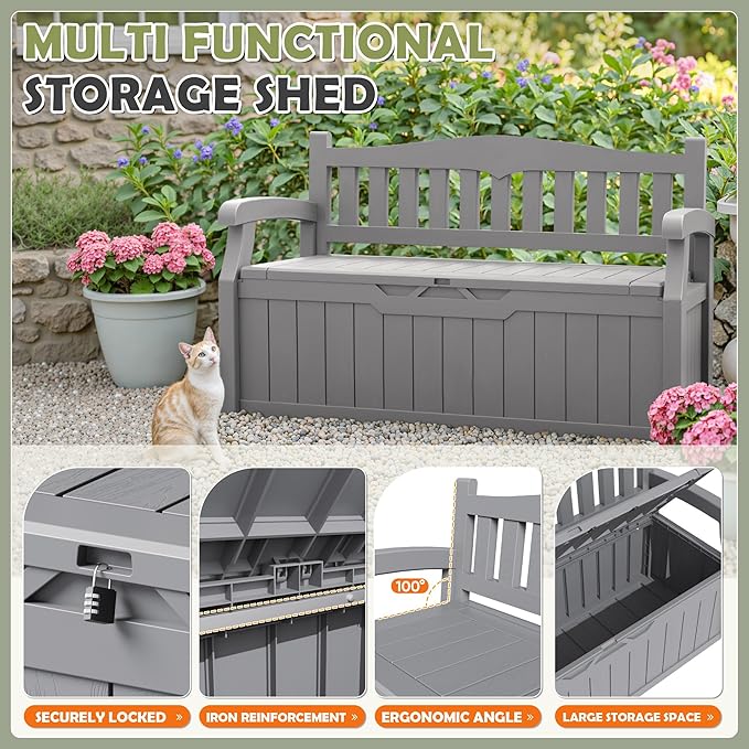 Homall 75 Gallon Outdoor Storage Benches Lockable Deck Box with Waterproof and UV Resistant, Waterproof Storage Box for Patio Furniture, Tools, Cushions (Grey)