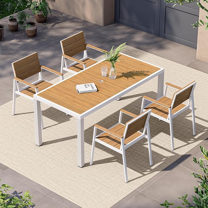 5-Piece Outdoor Dining Set, Aluminum Dining Table Set for 4, Patio Table and Chairs Set with Umbrella Hole, All Weather HDPS Outdoor Table and Chairs for 4 (White-Teak)