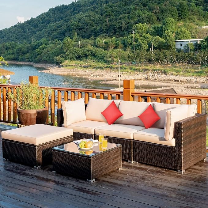 Tangkula 5 Pieces Patio Rattan Furniture Set, Outdoor Sectional Rattan Sofa Set with Back & Seat Cushions, Wicker Conversation Set with Tempered Glass Table for Backyard Porch Poolside (Brown)