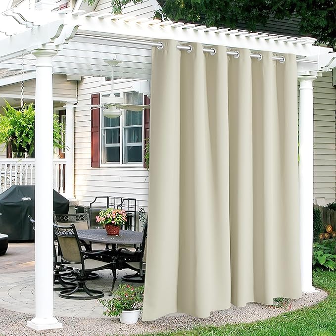 RYB HOME Outdoor Curtains for Patio Waterproof Block Sunlight Thermal Insulated Privacy Assured Thick Outside Curtains for Porch, Gazebo, Pergola, W84" x L95", Beige, 1 Panel