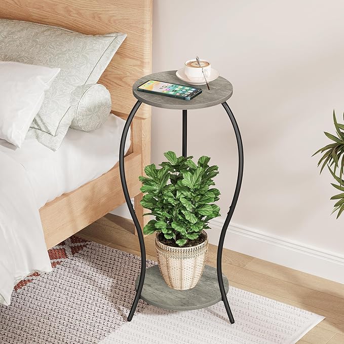 Plant Stand Indoor, 2 Tier Round Tall Plant Stand, Flower Pot Stand, Plant Shelf Rack, Corner Plant Stand for Planter Garden Balcony Patio Living Room (Grey-Wood, 2 Tier)