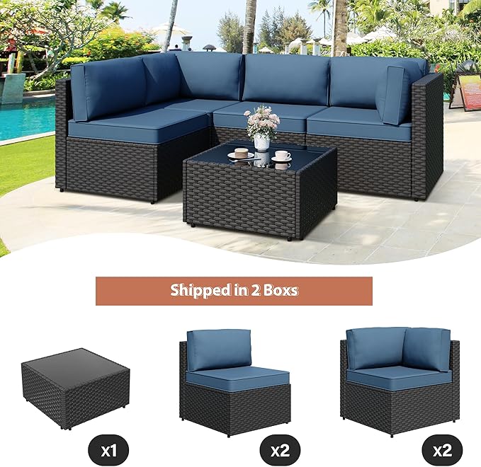 JAMFLY Patio Furniture Sets, 5-Piece Outdoor Patio Furniture with Thick Cushions, Wicker Outdoor Conversation Set Sectional Sofa for Backyard, Poolside, Garden, Aegean Blue