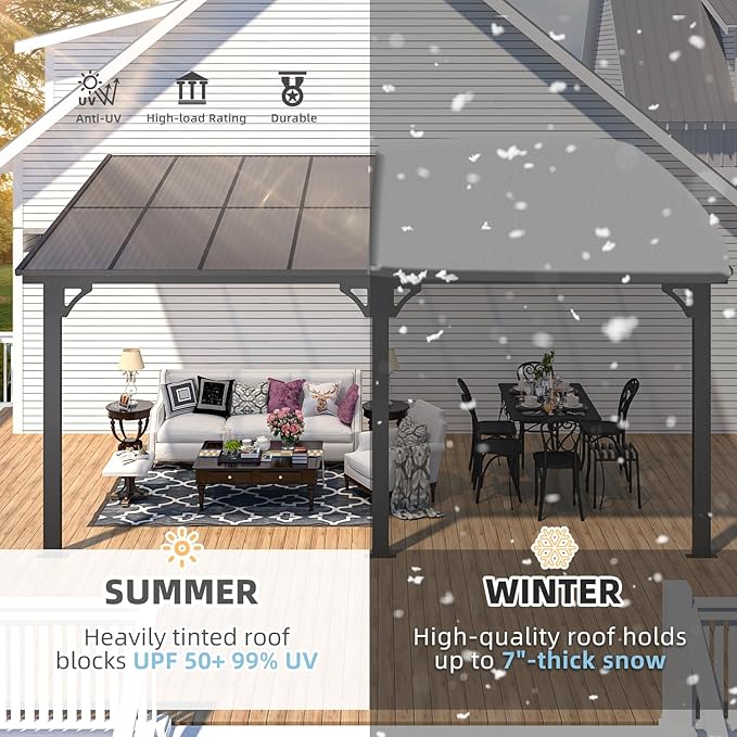AECOJOY 10' x 16' Adjustable Height Outdoor Lean to Gazebo Pergola for Patio, Large Wall-Mounted 6.5-9.8 Ft Hard Top Metal Heavy Duty Metal Awnings Shelter Pergolas and Gazebos Clearance with Roof