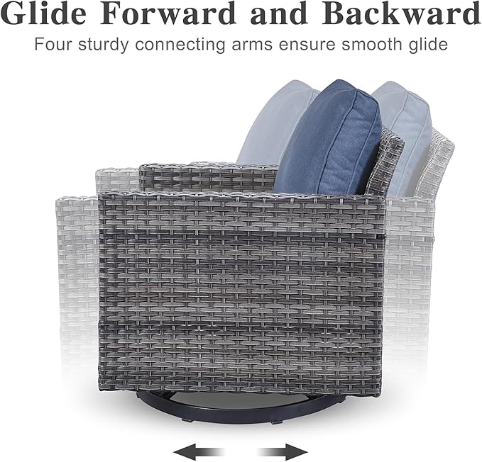 Patio Sectional Furniture Set with Fire Pit Table: 10 Pieces Wicker Patio Conversation Set with L Shaped Sofa, Outdoor Swivel Glider Rocker, Rattan Club Chairs, Ottomans, Removable Cushions Blue