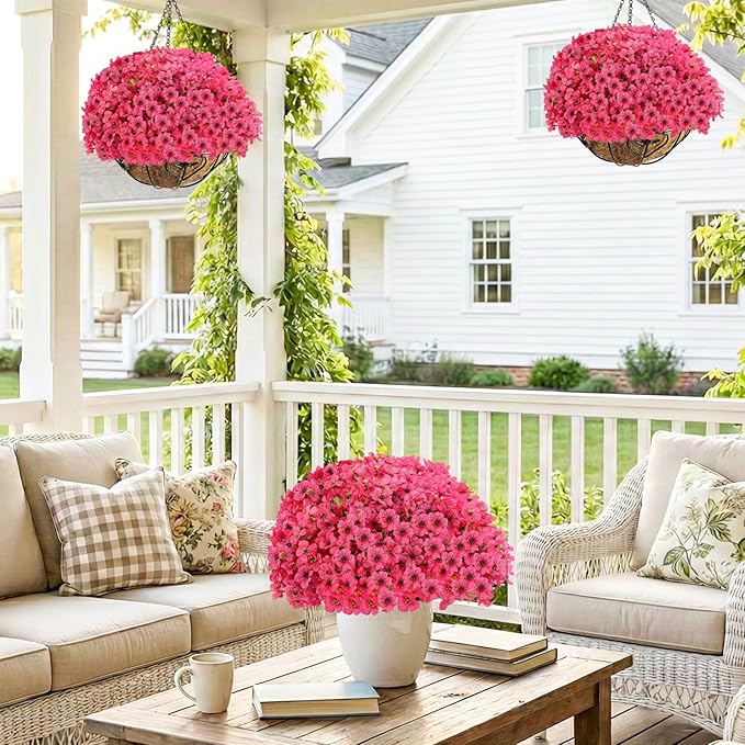 22 Bundles Artificial Flowers Outdoor Fake Plants, Faux Flowers UV Resistant with Plastic Plants, Faux Silk Flowers for Outdoors Outside Front Porch Hanging Planter Window Garden Decoration(Rose Red)