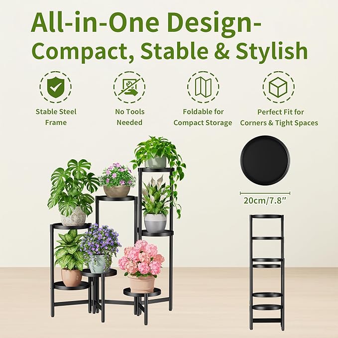 8 Tiered Plant Stand Indoor for Multiple Large Planter, Tall Heavy Duty Adjustable Folding Rack with Rustproof 7.9 Inch Wide Tray, Plant Shelf for Corner Living Room - BlackDisk
