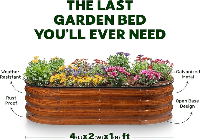 Plant & Plot Galvanized Raised Garden Beds Outdoor // 4×2×1 ft Planter Raised Beds for Gardening, Vegetables, Flowers // Large Metal Garden Box (Dark Wood Grain)