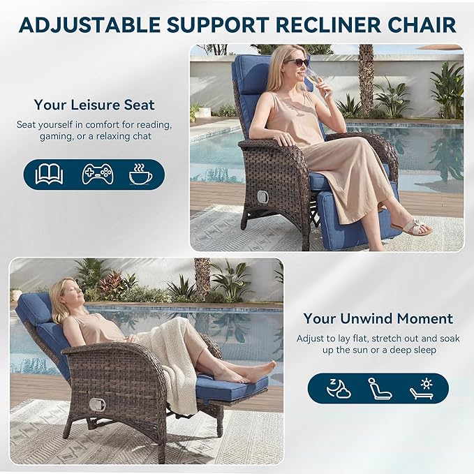 Zero Gravity Wicker Patio Recliner Chairs Set of 2 - Wicker Outdoor Lounge Chair with Adjustable Backrest & Footrest, All Weather Outdoor Reclining Chairs with Thick Cushion for Pool Deck Blue