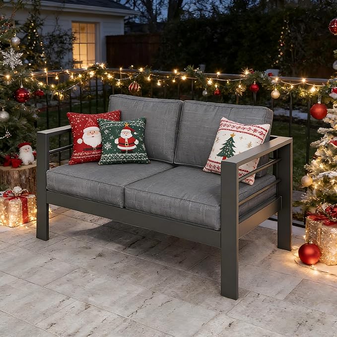 Kiss the Water Outdoor Patio Furniture Loveseat Sofa, All-Weather Metal Aluminum Patio Couch with 5" Thick and Soft Cushion and Wide Arm, Outdoor Couch for Balcony, Porch, Backyard