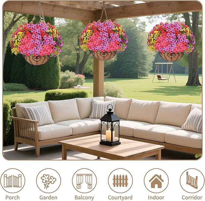 Artificial Hanging Flower for Outdoors, Fake Hanging Basket for Outside,1 Hanging Basket with 13 Pcs Faux Silk Flowers for Porch, Balcony and Patio Decor(Mixed)