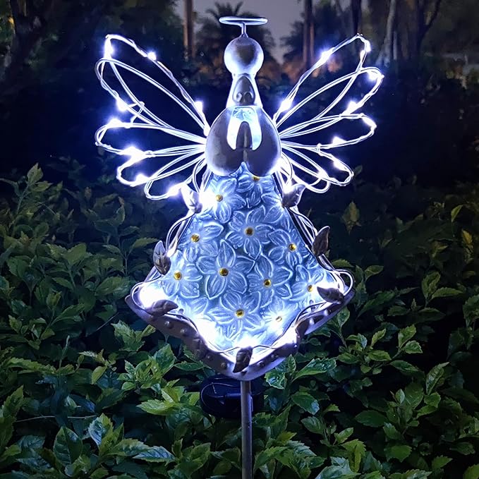 38Inch Angel Solar Lights Outdoor Decorative-Metal&Glass Angel Hydrangea Flower Garden Stake Lawn Light- Waterproof 30 Warm White LED for Remembrance Gifts & Grave Decorations (White)