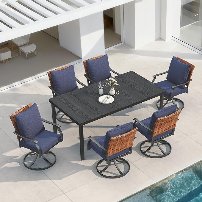 Grand patio 7-Piece Outdoor Dining Set, 6 Leather-Look Wicker Swivel Patio Chairs & 1 Straight Legs Rectangular Dining Table, Blue