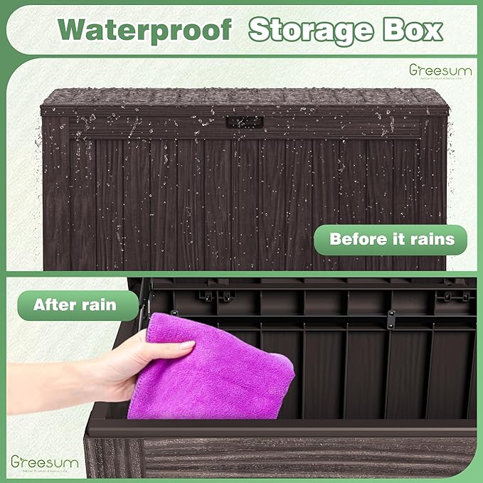 Greesum Outdoor Storage Box 120 Gallon Storage Bin with Lid for Patio Furniture, Garden Tools, Pool Supplies, Lockable, Waterproof and UV Resistant, Dark Brown