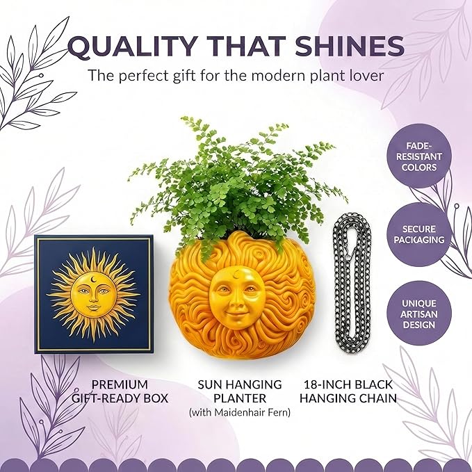 Fun & Unique Sun Face Hanging Planter Quirky Celestial Decor for Plant Lovers – Indoor Outdoor Flower Basket for Succulents & Small Plants – Decorative Garden Yard Art