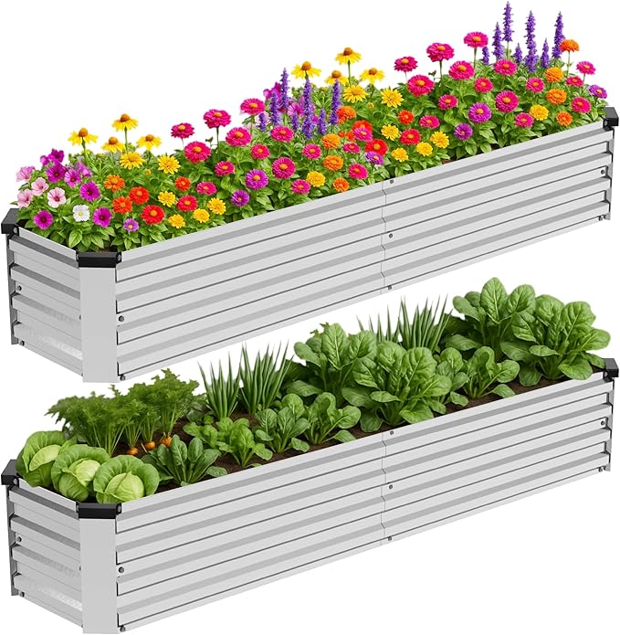 2 Pack 6x1.5x1FT Galvanized Metal Raised Garden Bed Kit for Vegetables, Herbs, Open-Bottom Large Capacity Outdoor Planter Box Gardening Stakes, Silver