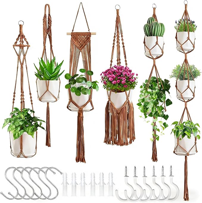 Macrame Plant Hangers, 6Pack Hanging Plant Holders Indoor w/ 6 Set Hooks Handmade Cotton Rope Plant Hangers Set Flower Pots Holder Stand Boho Home Decor Hanging Planters for Indoor Outdoor Plants