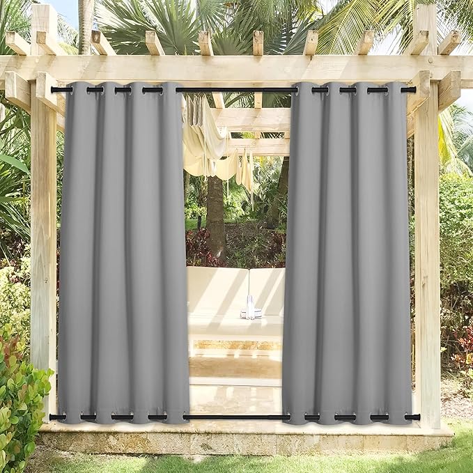NICETOWN 2 Panels Outdoor Curtains Waterproof Extra Long 108 in for Patio, Windproof Energy Thermal Insulated Saving Rustproof Top and Bottom Grommet Blackout Outdoor Drapes for Porch, Silver Grey