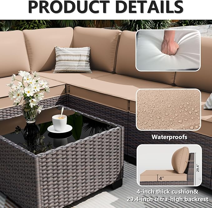 ALAULM 6 Pieces Patio Furniture Set, Oversized Seat/Armrest and High Back Wicker Sectional Furniture Set with Thick Cushion for Backyard, Garden, Sand