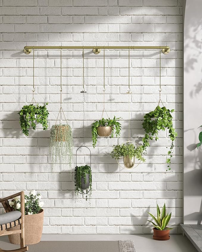 Plant Haning Rod, Hanging Planters for Indoor Plants with 6 Chains, Wall Plant Hanging Bar for Window Celling, 65.7 Inch, Metal Gold, Pots Not Included