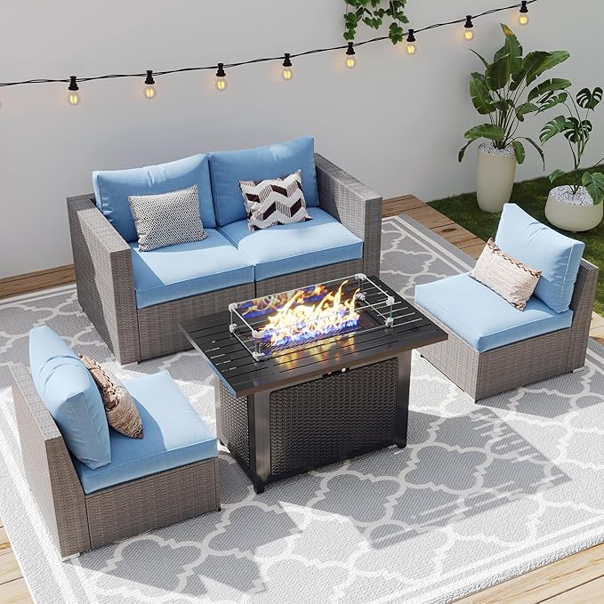 Wisteria Lane Patio Furniture Set, 2 Pieces Armless Wicker Outdoor Furniture Patio Couch with Washable Cushions, Oversized Outdoor Sectional for Garden, Poolside, Backyard, Blue