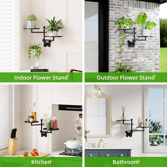 Rotating Window Wall Plant Shelves Indoor Wall Plant Stand Holder 2-Tier Floral Metal Window Shelf Holder for Multiple Plants Space Saving Pet Child Friendly Home Decor Layer Butterfly Design Black