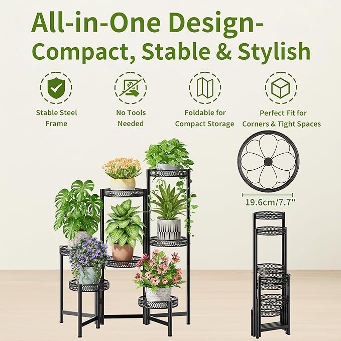 Plant Stand Indoor Outdoor, 7 Tier Large Plant Stand with 7.9-Inch Wide Drainage Tray, Tiered Corner Metal Iron Flower Display Holder Shelf, Folding Tall Rack for Patio Balcony Porch - BlackFlower