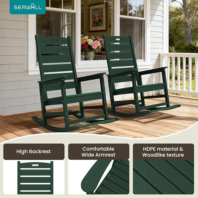 SERWALL Outdoor Rocking Chair Set of 4, Oversized HDPE Patio Rocking Chair with Footrest for Adults, All Weather Porch Rocker for Deck Patio Balcony, Green