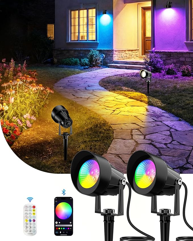 CORESLUX Christmas Smart Spot Lights Outdoor, Color Changing Warm White Landscape Lights with APP and Remote Control, Spotlight Waterproof for Garden Yard Patio Landscape