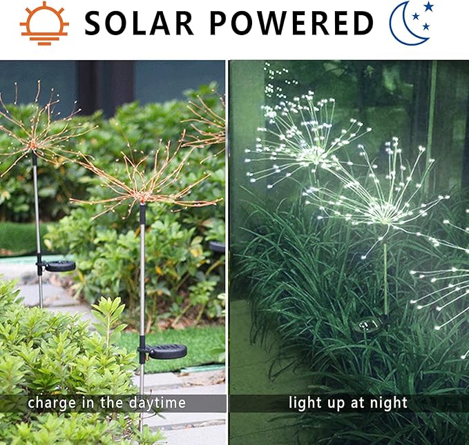 2 PCS Solar Firework Light, Outdoor Solar Garden Decorative Lights 120 LED Powered 40 Copper Wires String DIY Landscape Light for Walkway Pathway Backyard Christmas Decoration Parties (Cool White)