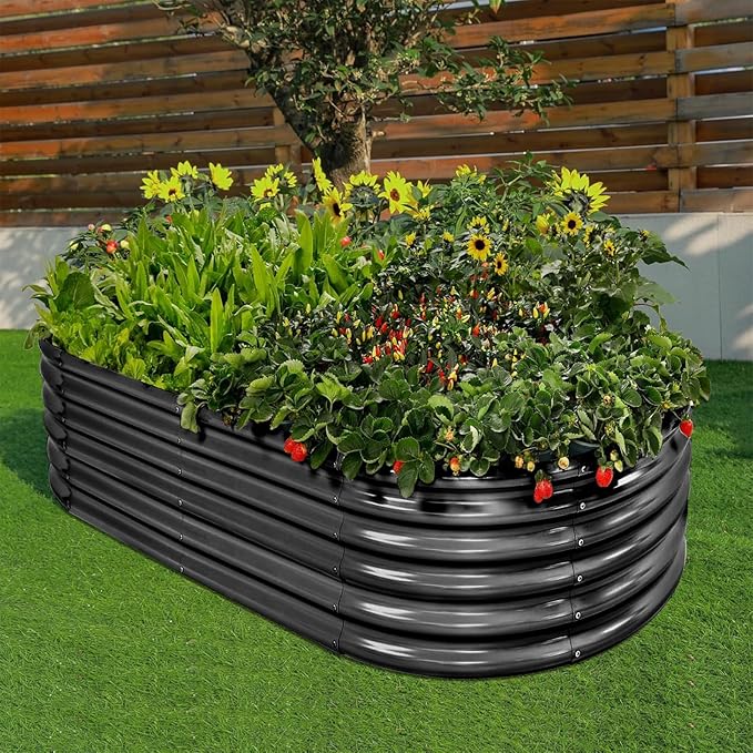 Land Guard 18“ Tall 4×2ft Galvanized Raised Garden Bed Kit, Galvanized Planter Garden Boxes Outdoor, Oval Large Metal Raised Garden Bed for Vegetables……… (Dark Grey, 4×2×1.5ft)