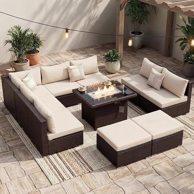 NICESOUL 10 Piece Patio Furniture Sectional Set with Fire Pit Propane/Natural Gas Convertible, 29.3'' High Back Deep Wide Outdoor Couch, 9 Seater Oversized High-End Wicker Conversation Sofas, Brown