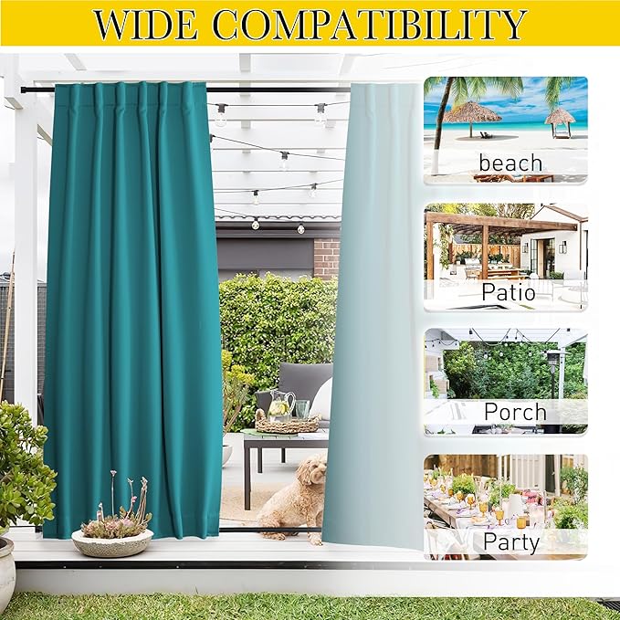 NICETOWN 2 Panels Outdoor Curtains Waterproof Pocket & Back Tab on Top & Bottom, Thermal Insulated Windproof Sun Blocking Outside Privacy Drapes for Patio with Fixed Rope, W52 x L95, Peacock Teal