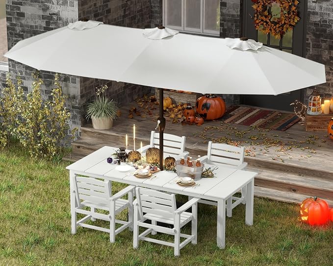 5-Piece White Outdoor Dining Set with White 15FT Large Patio Umbrella, 75.2'' HDPE Table & Chairs for 8, Weather-Resistant Furniture with Umbrella Hole for Patio, Lawn, Poolside