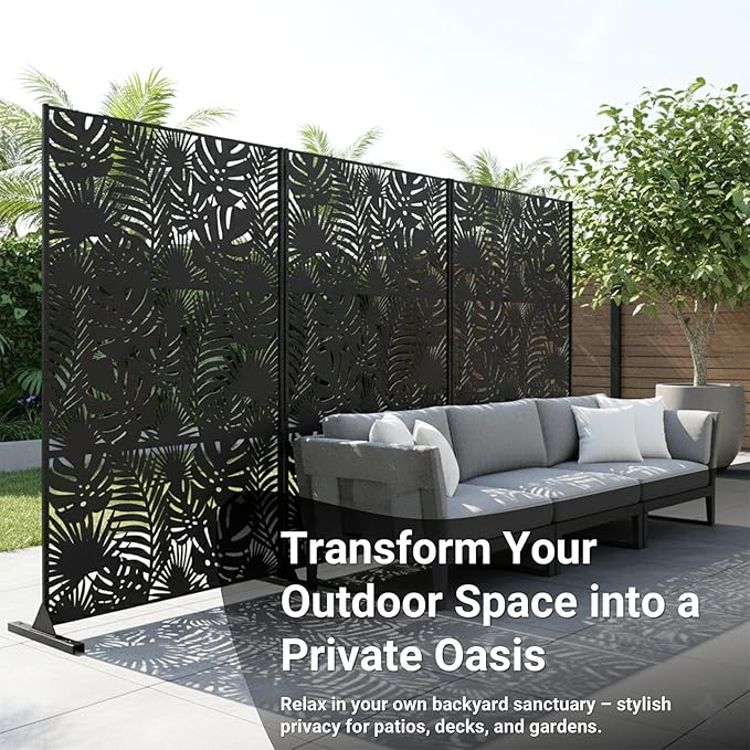 Metal Privacy Screen Outdoor – 72in Decorative Laser Cut Steel Garden Divider Panel with Tropical Leaf Design, Weatherproof Freestanding Modern Privacy Fence for Patio, Deck, Backyard & Balcony