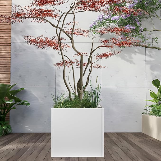White Steel Planter Square Outdoor Planters Galvanized Steel Planter Box 26 Inch Indoor Metal Large Planters Cube Heavy Duty Flower Pot Modern Commercial Residential for Trees Patio Yard Garden
