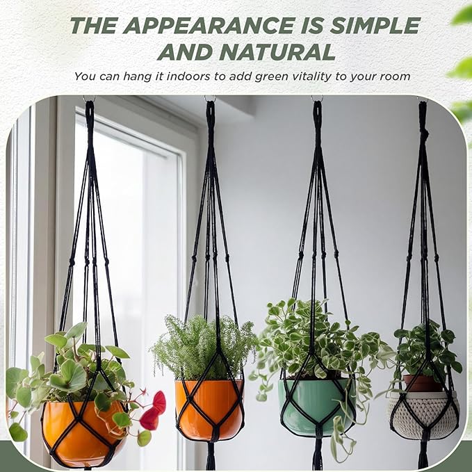 EBOOT 2 Pack 48 Inch Large Macrame Plant Hanger Rope to Hang Flower Pot Plant Holder for Indoor Outdoor Decorations, 4 Legs (Black)