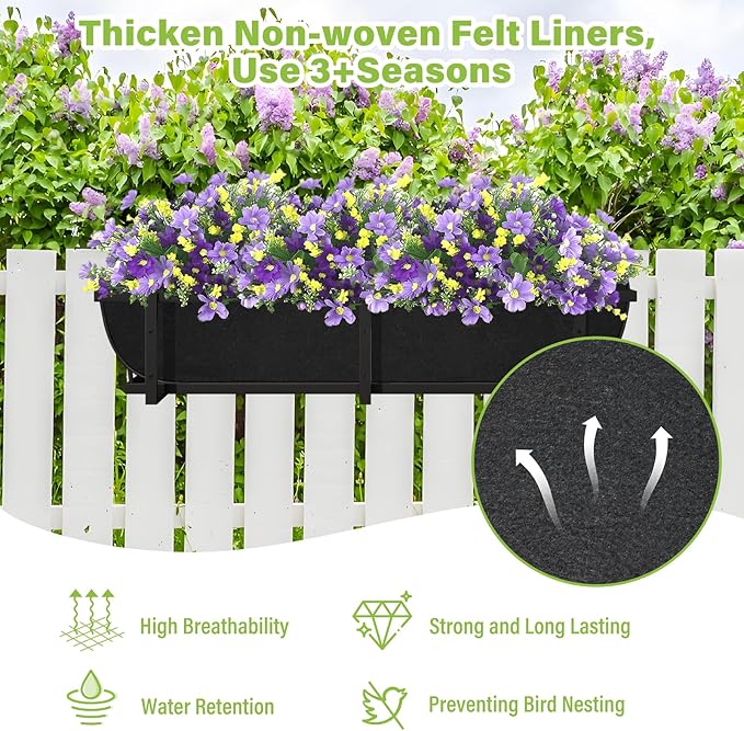 Riare 4 Pack 36 Inch Black Fabric Window Box Liners- Felt Square Trough Planter Basket Liners Replacement, Non-Woven Hanging Flower Plant Box Liner for Outdoor Plants Garden Fence- Avoid Birds Nesting