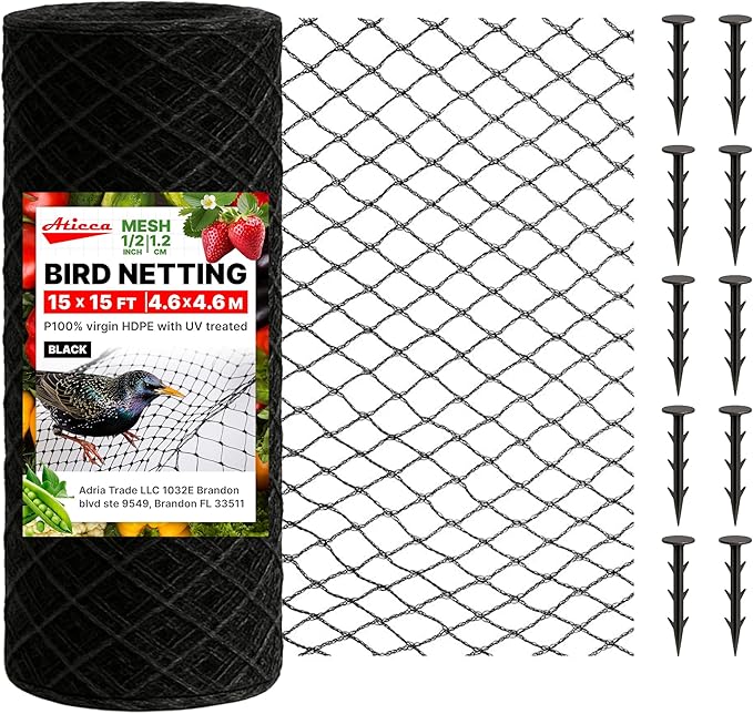 Heavy Duty Bird Netting for Garden Protection & Fruit Trees, 15x15 Ft with 10 Stakes – Black Anti-Bird Net for Poultry, Deer, & Squirrel Protection, Durable Nylon Mesh for Garden and Yard Use