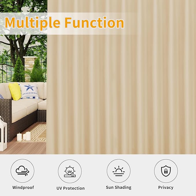 Easy-Going Outdoor Patio Curtains Detachable Tab Top Windproof Weatherproof Curtain for Cabana, Porch, Pergola and Gazebo, Tab Bottom Drape, 2 Panels, 110W x 96L inch, Beige