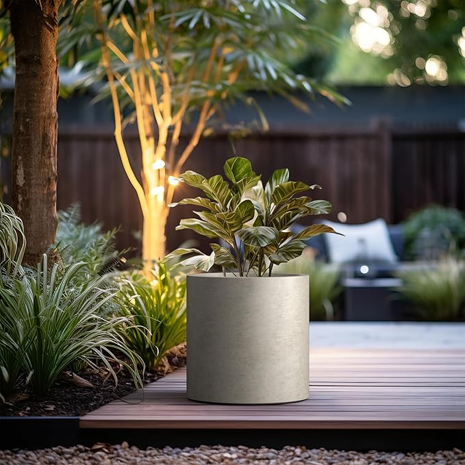 Kante 15.7" Dia Round Concrete Planter, Modern Style Large Cylindrical Plant Pot with Drainage Hole and Rubber Plug for Indoor Outdoor Patio, Weathered Concrete