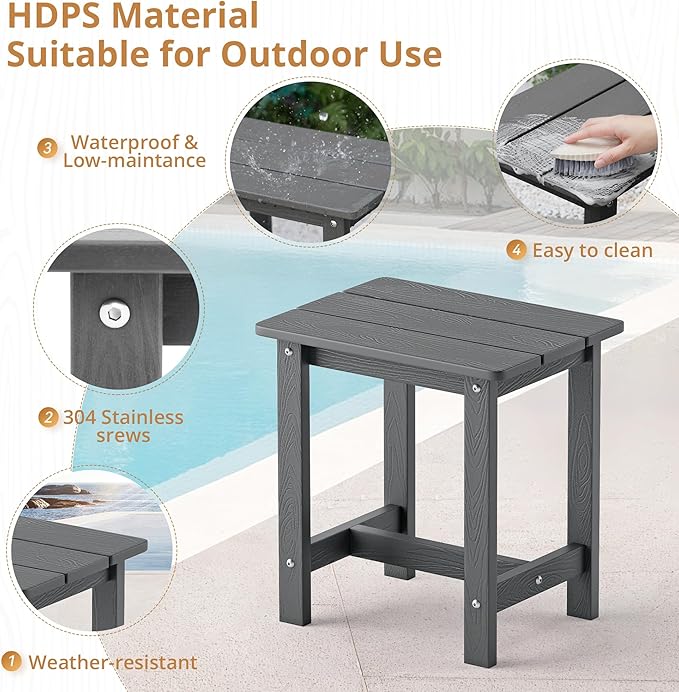 LUE BONA Outdoor Side Table Set of 2, HDPS Small Outdoor Table, Adirondack Side Table, Outside End Table for Patio, Deck, Pool, Weather Resistant/Easy Maintenance, Dark Gray