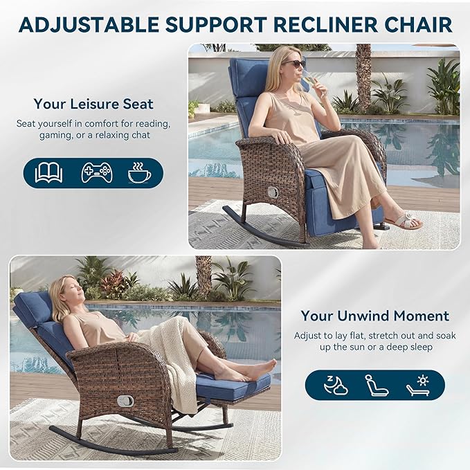 Zero Gravity Patio Rocking Wicker Recliner Chair - Wicker Outdoor Lounge Chair with Adjustable Backrest & Footrest, All Weather Reclining Rocker Chairs with Thick Cushion for Pool Deck Blue