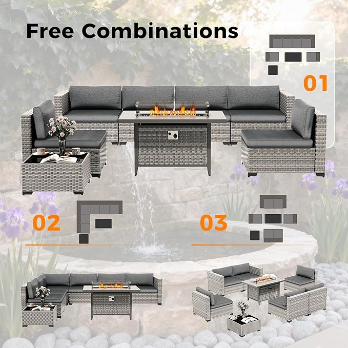 12-Seat Modern Outdoor Wicker Rattan Patio Furniture Set with 55,000 BTU Fire Pit Table, Thick 4″ Cushions, All-Weather Dual-Strand Rattan, Rust-Resistant Steel Frame,Black