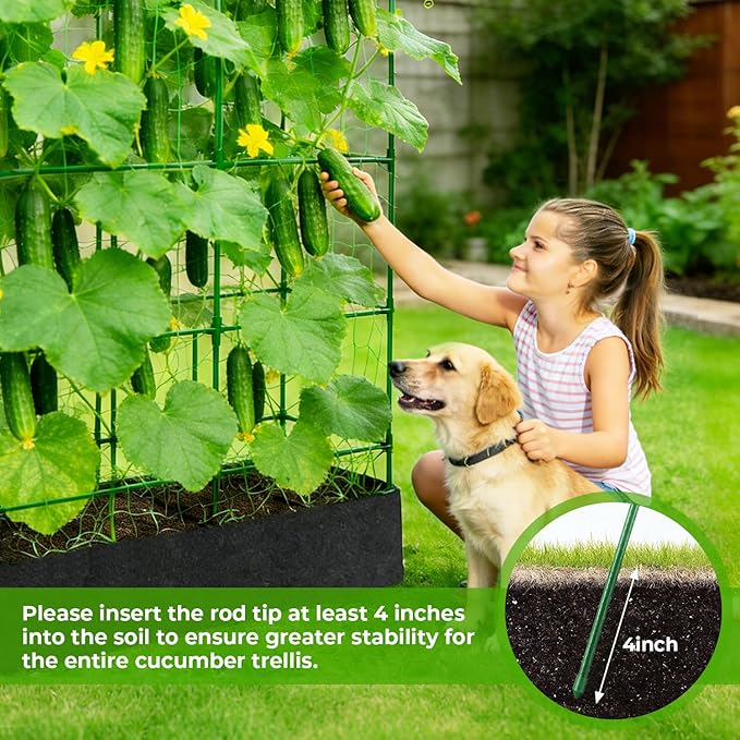 Large Cucumber Trellis for Climbing Plants Outdoor with Grow Bag,67" Tall Metal U-Frame Plant Trellis for Raised Bed with Garden Netting and Plant Clip Plant Ties for Vegetables Tomatoes Squash Pea