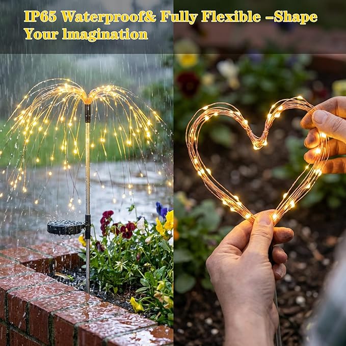 2 Pack Solar Firework Lights Outdoor - Verified 200 LED & 8 Modes - Starburst Solar Powered Garden Lights, Reinforced Durable Stakes, Waterproof Pathway Walkway Lights for Yard Patio Decor