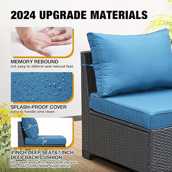6 Pieces Patio Furniture Set All-Weather Outdoor Wicker Sectional Conversation Sofa Rattan Patio Seating Sofa with Cushion and Glass Table for Porch Poolside,Peacock Blue