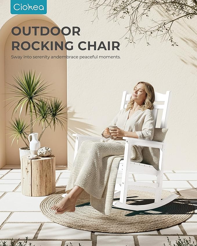 Ciokea Oversized Outdoor Rocking Chairs Set of 3, 380lbs Heavy-Duty Large Patio Rocker, High Back Cozy Porch Chairs, Weather Resistant Patio Rocking Chairs for Outside, Fire Pit, Deck, White