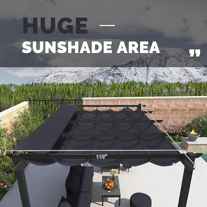 PURPLE LEAF 10' x 13' Outdoor Retractable Pergola with Double Sun Shade Canopy Patio Aluminum Pergola Metal Shelter with Light for Backyard Deck Garden, Navy Blue